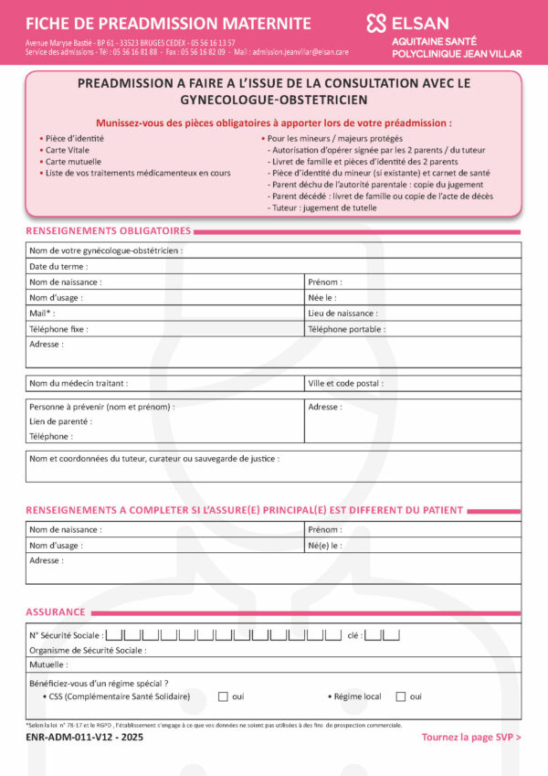 ENR-ADM-011 <br> Fiche de préadmission MATERNITÉ par 100 ex