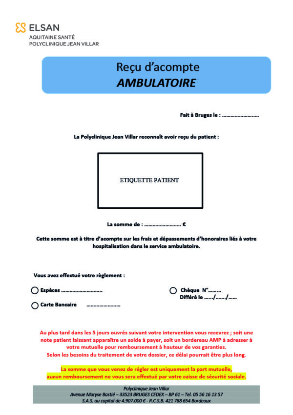 ENR-ADM-018 <br> Reçu d'acompte ambulatoire par 5 000 ex