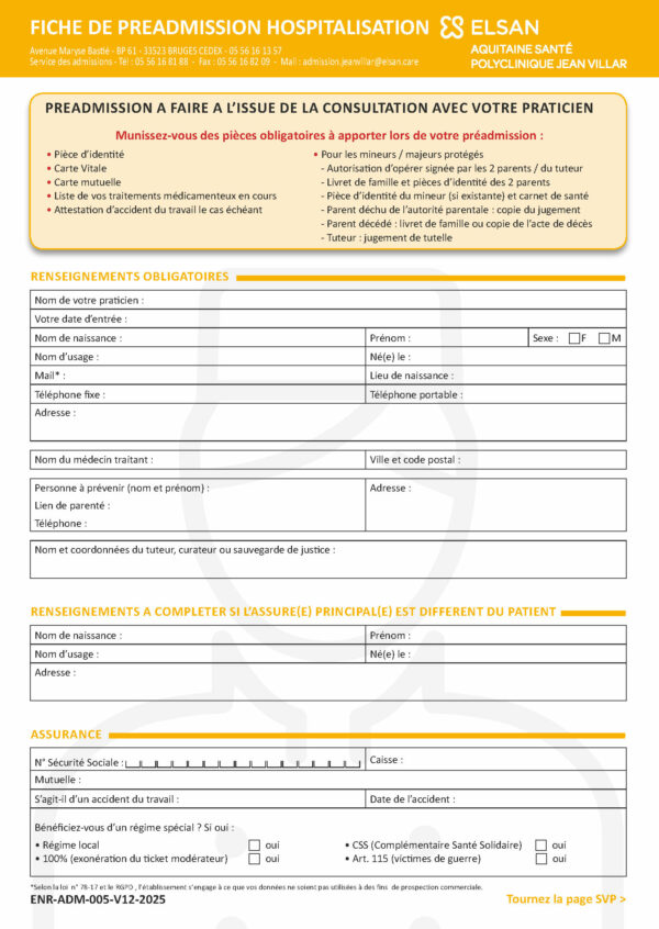 ENR-ADM-005 <br> Fiche de préadmission HOSPITALISATION par 1000 ex