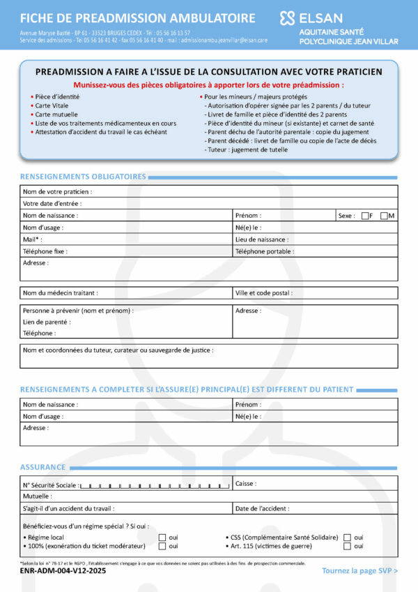 ENR-ADM-004<br> Fiche de préadmission AMBULATOIRE par 1 000 ex