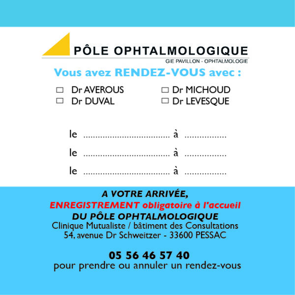 CRDV_POLOPHT_2025_00 Cartes de Rendez-vous Médecins Pôle Ophtalmologie par 250 ex